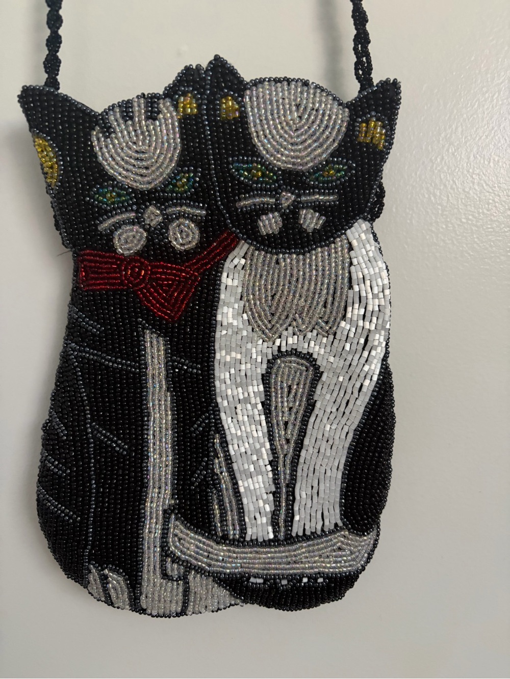 Beaded Black & White Cat Crossbody Bag - Decorative Pet Design Vintage